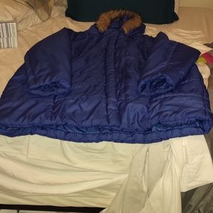 Roman's 4x blue puffy winter coat with faux fur on the hood